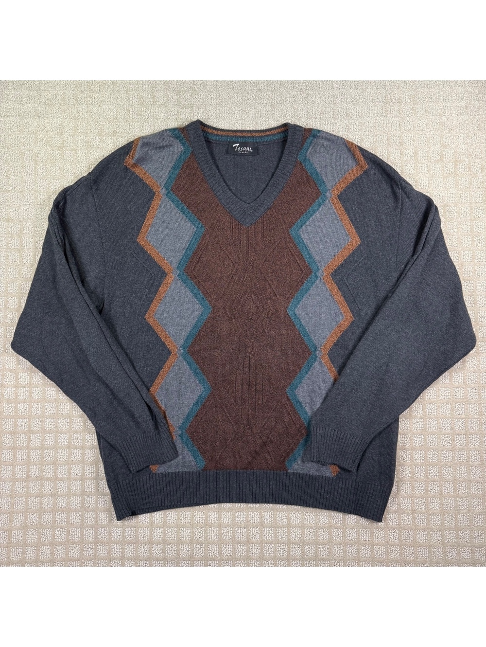 Tosani Canada blue brown geometric V-neck sweater XL